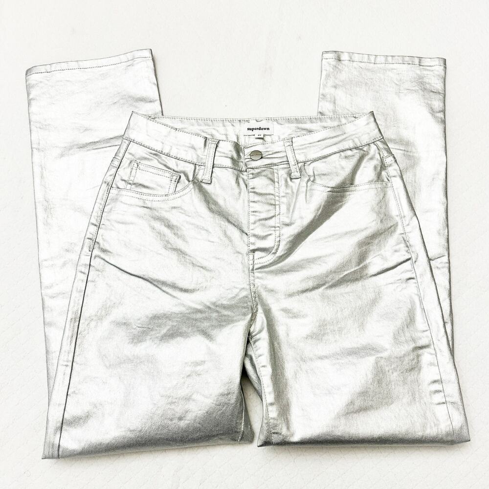 Superdown Metallic Silver Button Fly Straight Leg… - image 4